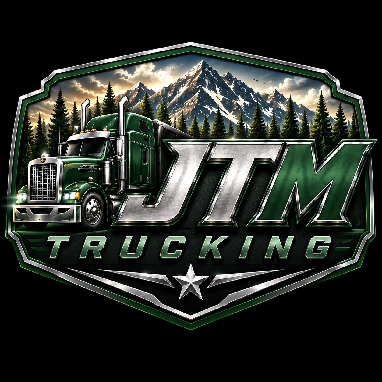 JTM Trucking — bright silver and green mountain shield